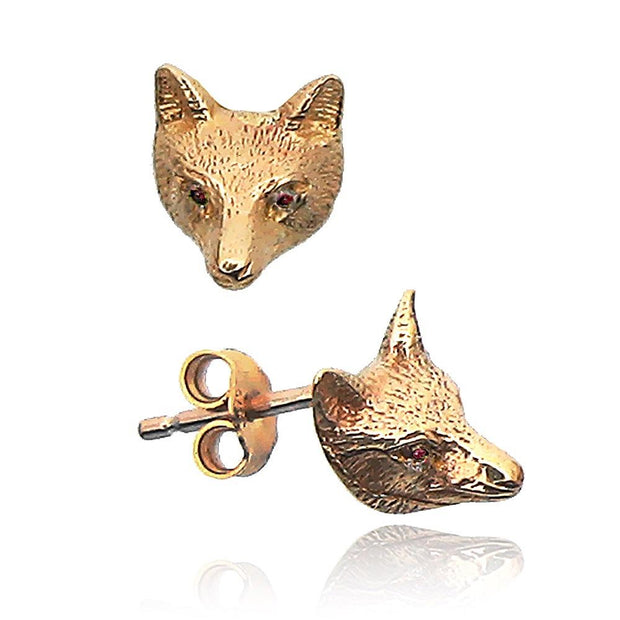 9ct Gold Fox Mask Earrings with Ruby Eyes - Paul Wright Jewellery