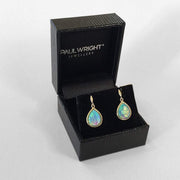 Opal Earrings, 9ct Gold with Vibrant Cultured Opals, Teardrop Shape 10x8mm - Ref: AE-GE003 - Paul Wright Jewellery