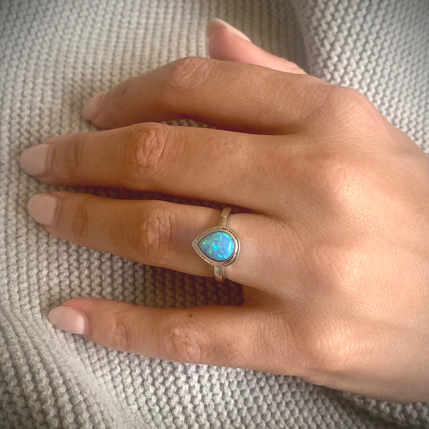 Silver Created Blue Opal Ring, Teardrop