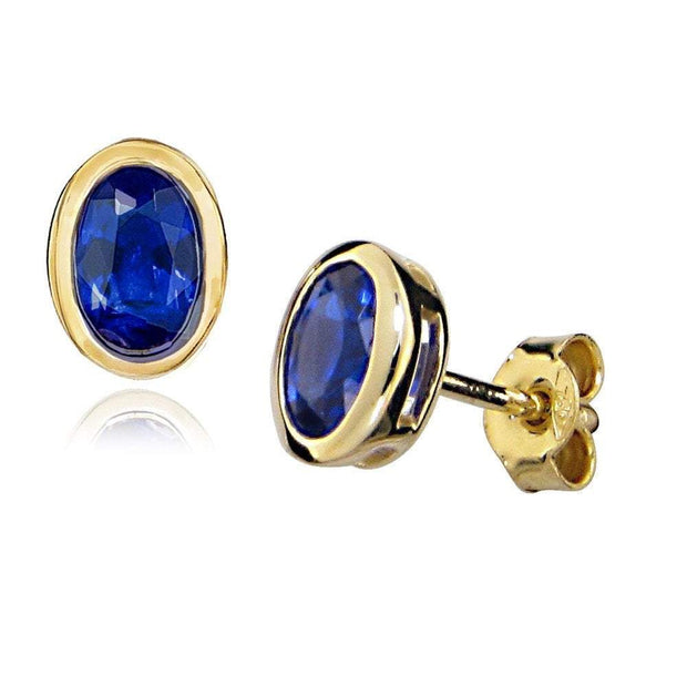 9ct Gold Sapphire Earrings set with Vibrant Blue Created Sapphires, Plain Oval Design (posts with scrolls). Ref: AEGE3002 - Paul Wright Jewellery