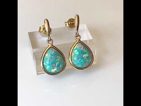 9ct Gold Created Opal Earrings, Teardrop 10x8mm