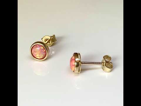 9ct Gold Coral Pink Created Opal Earrings 5mm