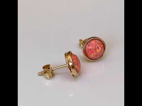 9ct Gold Coral Pink Created Opal Earrings 7mm