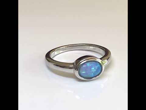 Silver Created Blue Opal Oval Ring