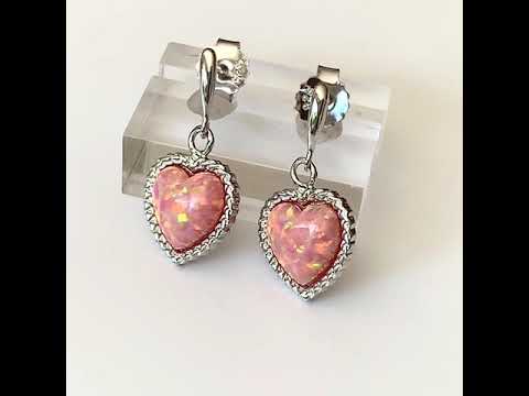 Coral Pink Opal Heart Earrings