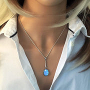 Long Blue Opal Pendant Necklace, Oval Cabochon Opal, set in 925 Sterling Silver. Ref: AEP5002 - Paul Wright Jewellery