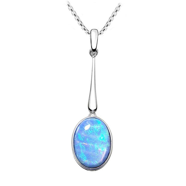 Long Blue Opal Pendant Necklace, Oval Cabochon Opal, set in 925 Sterling Silver. Ref: AEP5002 - Paul Wright Jewellery