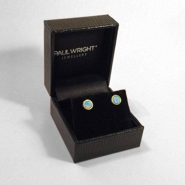 Opal Earrings, 9ct Gold Studs with Vibrant Cultured Opals, 5mm Round Cabochon. Ref AE-GE002 - Paul Wright Jewellery