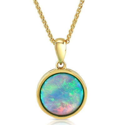 Opal Pendant, 9ct Gold Necklace with Vibrant Cultured Opal, 10mm Round Cabochon - Ref: AE-GP001 - Paul Wright Jewellery