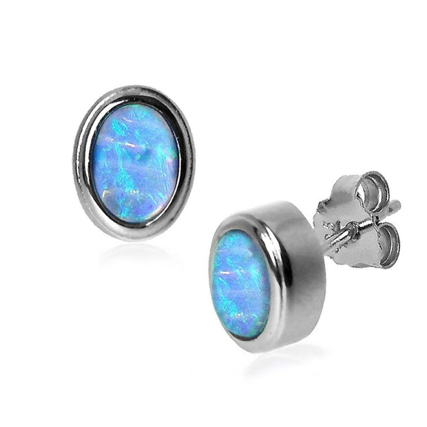 Oval Blue Opal Earrings set in 925 Sterling Silver - Paul Wright Jewellery