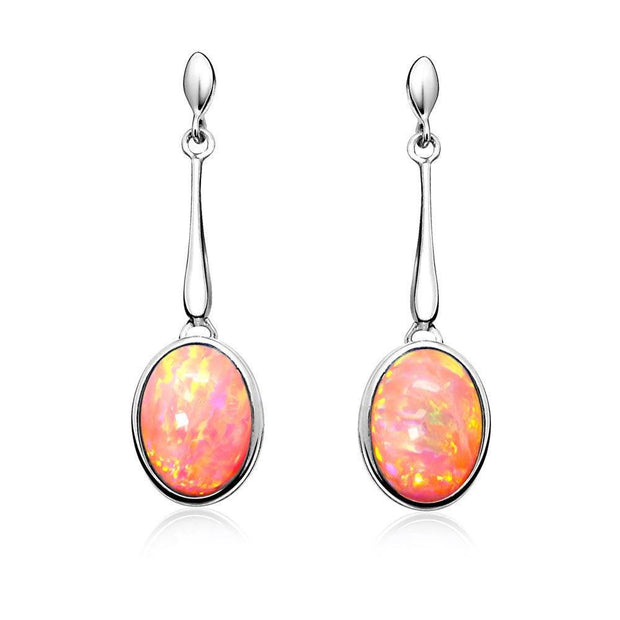 Pink Opal Drop Earrings, Sterling Silver with Vibrant Coral Pink Oval Shape Opals. AE-E5002-24 - Paul Wright Jewellery
