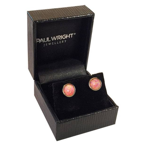 Pink Opal Earrings, 10K Gold Stud Earrings with Vibrant Cultured Opals, 7mm Round Cabochons - Ref: AE-GE001-24 - Paul Wright Jewellery