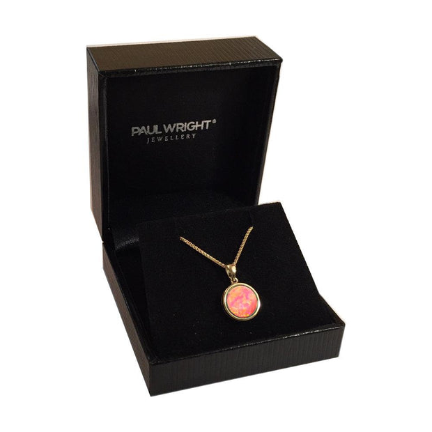Pink Opal Pendant, 10K Gold Necklace with Vibrant Cultured Opal, 10mm Round Cabochon, Incl. Gold Chain - Ref: AE-GP001-24 - Paul Wright Jewellery