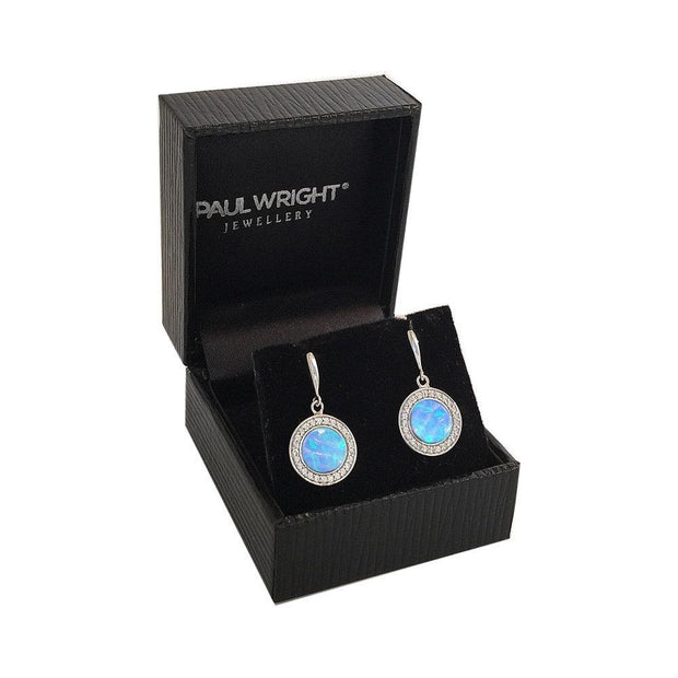 Round Blue Opal Earrings, Created Opals with CZ Surrounds, set in 925 Sterling Silver. Ref: AEE5016 - Paul Wright Jewellery