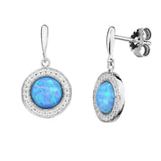 Round Blue Opal Earrings, Created Opals with CZ Surrounds, set in 925 Sterling Silver. Ref: AEE5016 - Paul Wright Jewellery