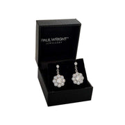 Silver Diamond Daisy Drop Earrings with CZ Diamond Cluster. Ref: AEE023 - Paul Wright Jewellery