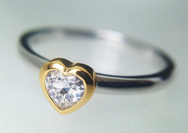 Silver & Gold Heart Shaped Stacking Ring set with CZ Diamond - Ref:AE-R5003 - Paul Wright Jewellery