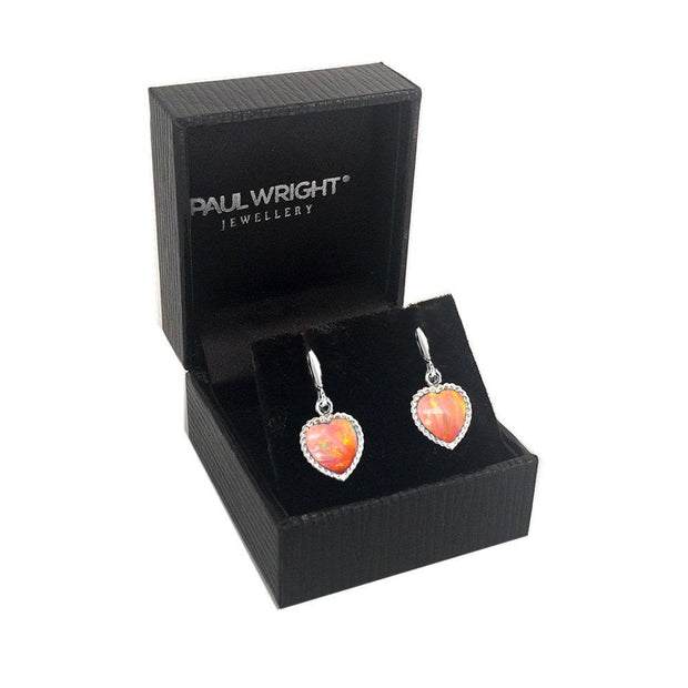 Silver Pink Opal Heart Earrings, Handmade in 925 Silver and set with Vibrant Coral-Pink Opals. Ref AE-E5006-24 - Paul Wright Jewellery