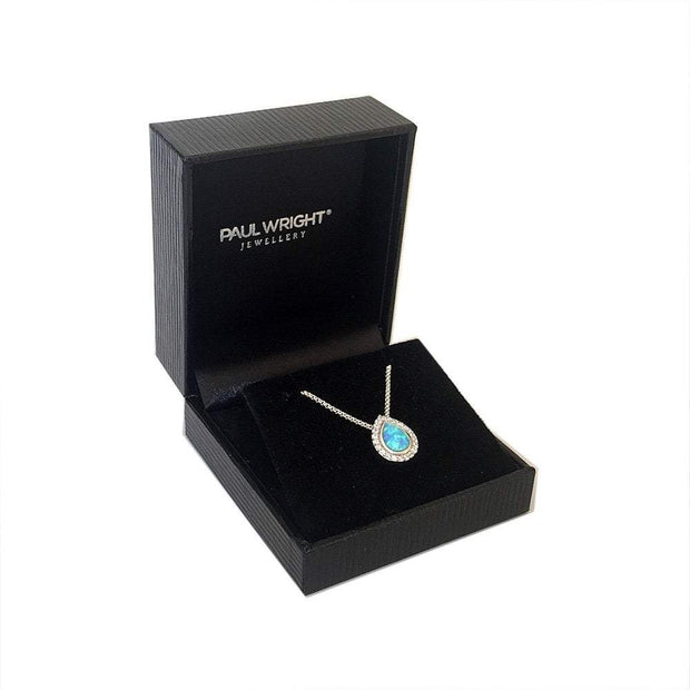 Teardrop Blue Opal Pendant Necklace, Created Opal with CZ Surround, set in 925 Sterling Silver. Ref: AEP5015 - Paul Wright Jewellery