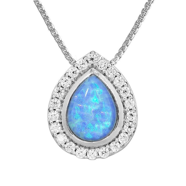 Teardrop Blue Opal Pendant Necklace, Created Opal with CZ Surround, set in 925 Sterling Silver. Ref: AEP5015 - Paul Wright Jewellery