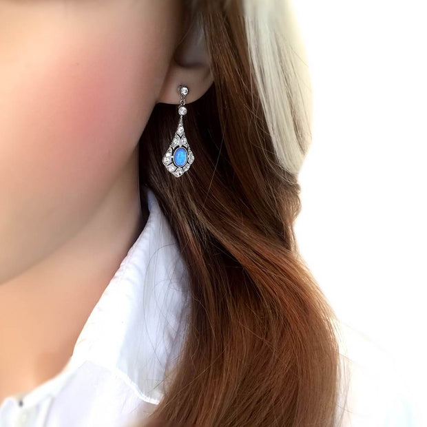 Vibrant Blue Opal and CZ Diamond Drop Earrings based on an Antique Victorian Design. Ref AE-E029 - Paul Wright Jewellery