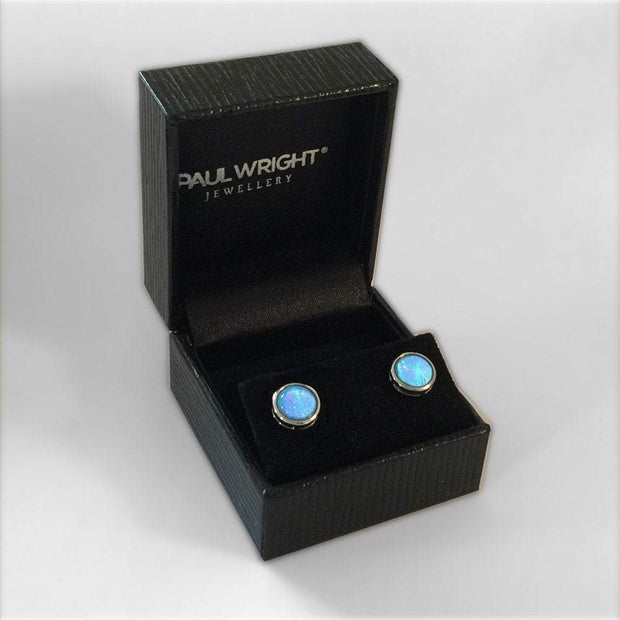 Vibrant Cultured Blue Opal Earrings set in 925 Silver (Round 8mm Stud) Ref AE-E022 - Paul Wright Jewellery