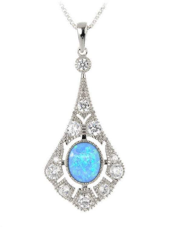 Victorian Style Blue Opal & CZ Diamond Pendant Necklace 